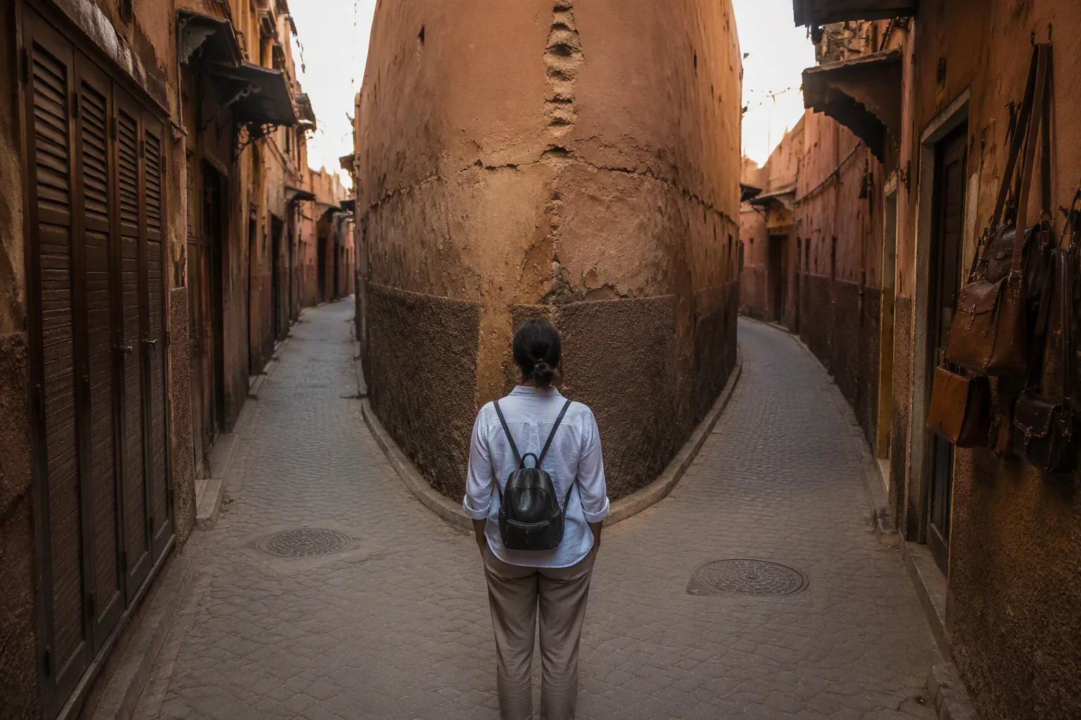 Embranchement de deux ruelles dans la médina de Marrakech, un visiteur de dos hésite entre les deux