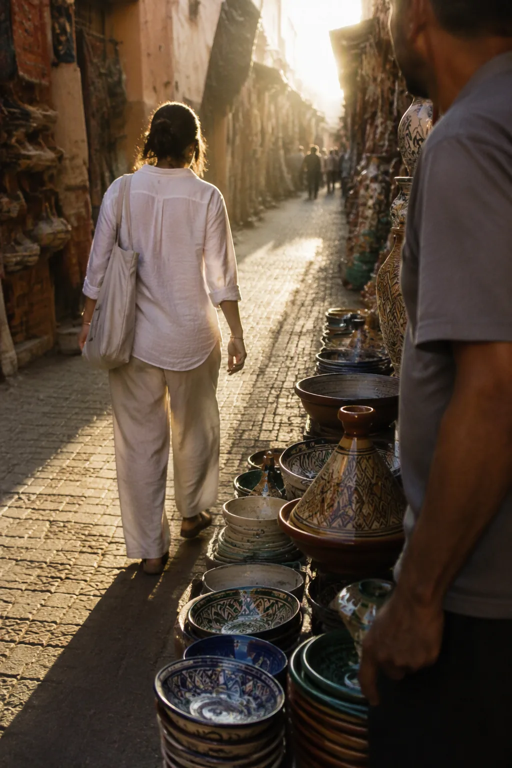 A woman seen from behind walks away from a pottery stall in a souk alley