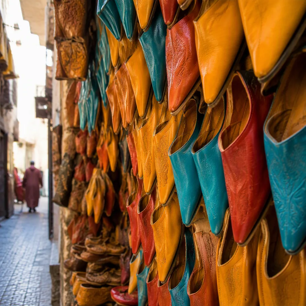 Wall of saffron yellow, red and turquoise leather babouches in a souk stall