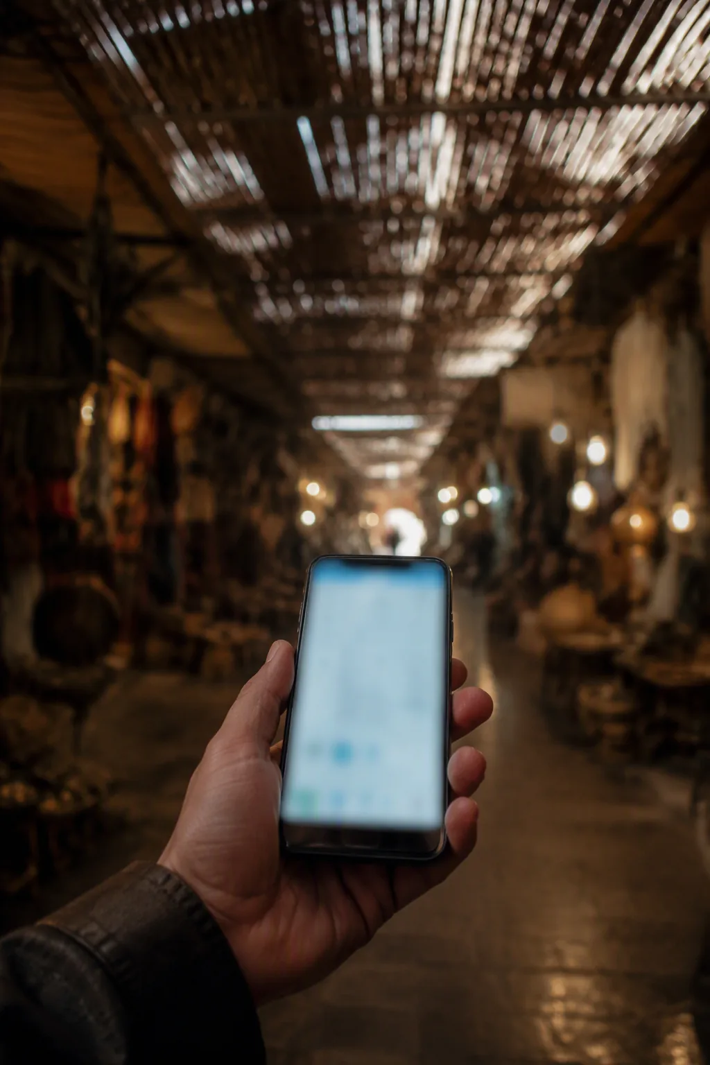 Main tenant un téléphone sous le toit en lattes d'un souk couvert de Marrakech
