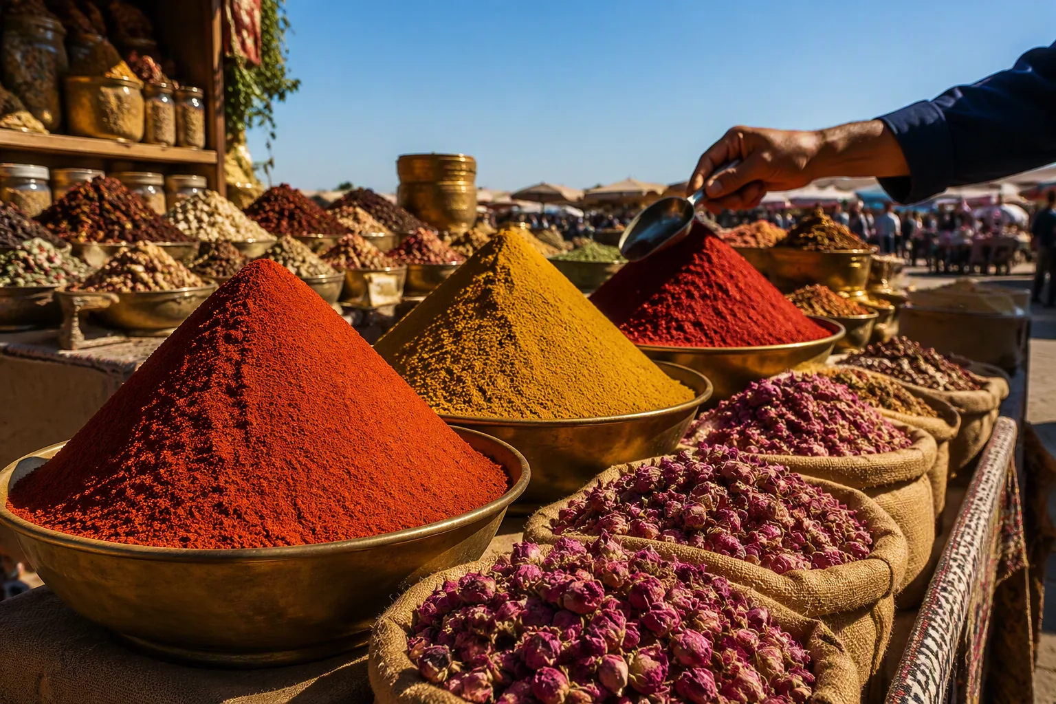 Cones of saffron, cumin and paprika on a stall in a Marrakech souk