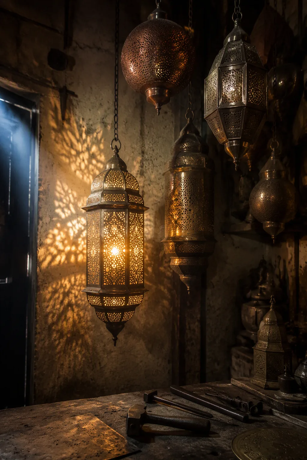 Moroccan lanterns in chased brass hanging in a souk workshop