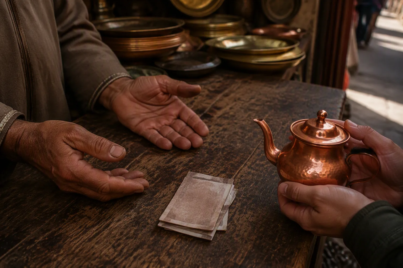 Two pairs of hands over a souk counter, a copper teapot between the seller and the buyer