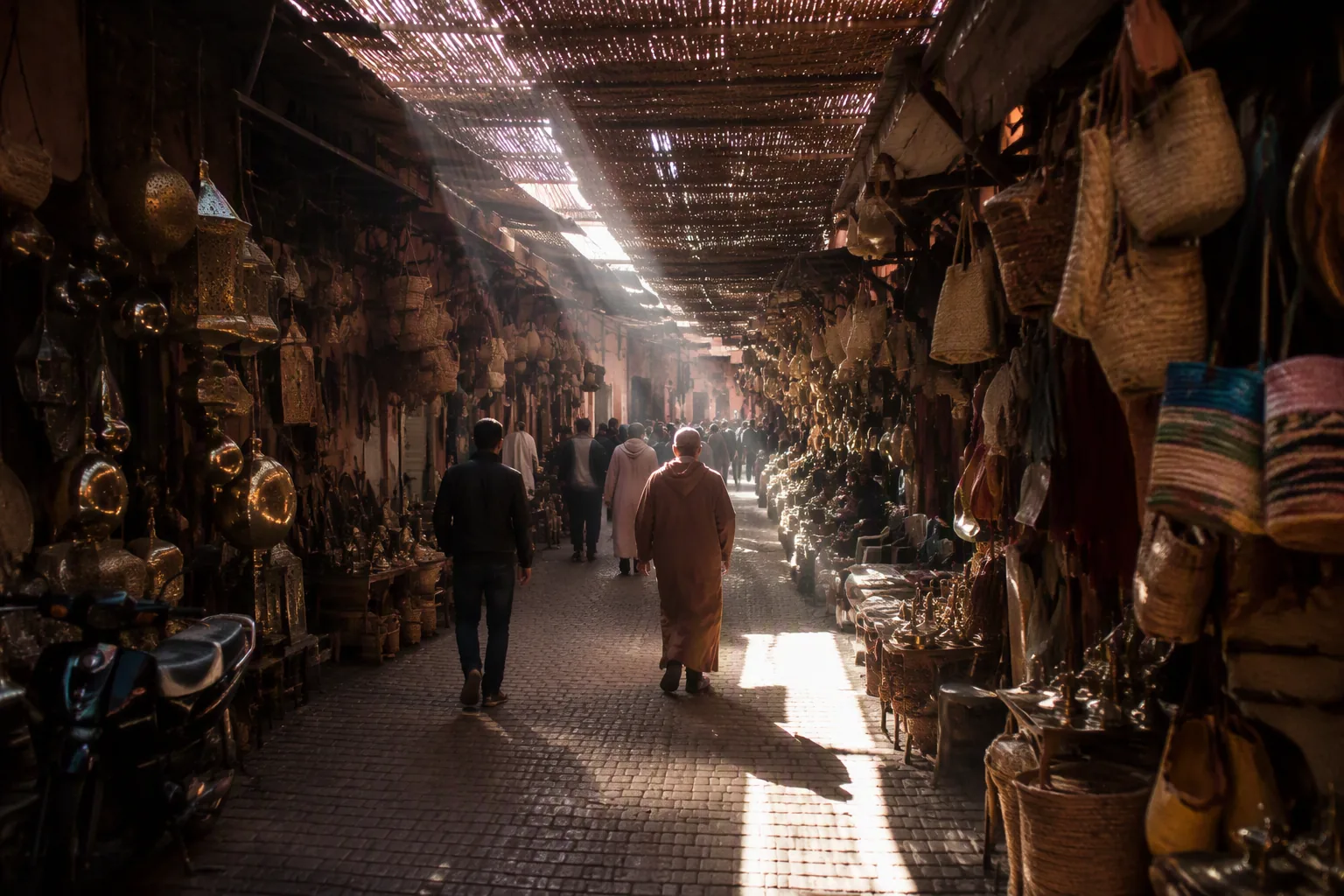 Covered alley in a Marrakech souk, light filtering through the slats of the roof