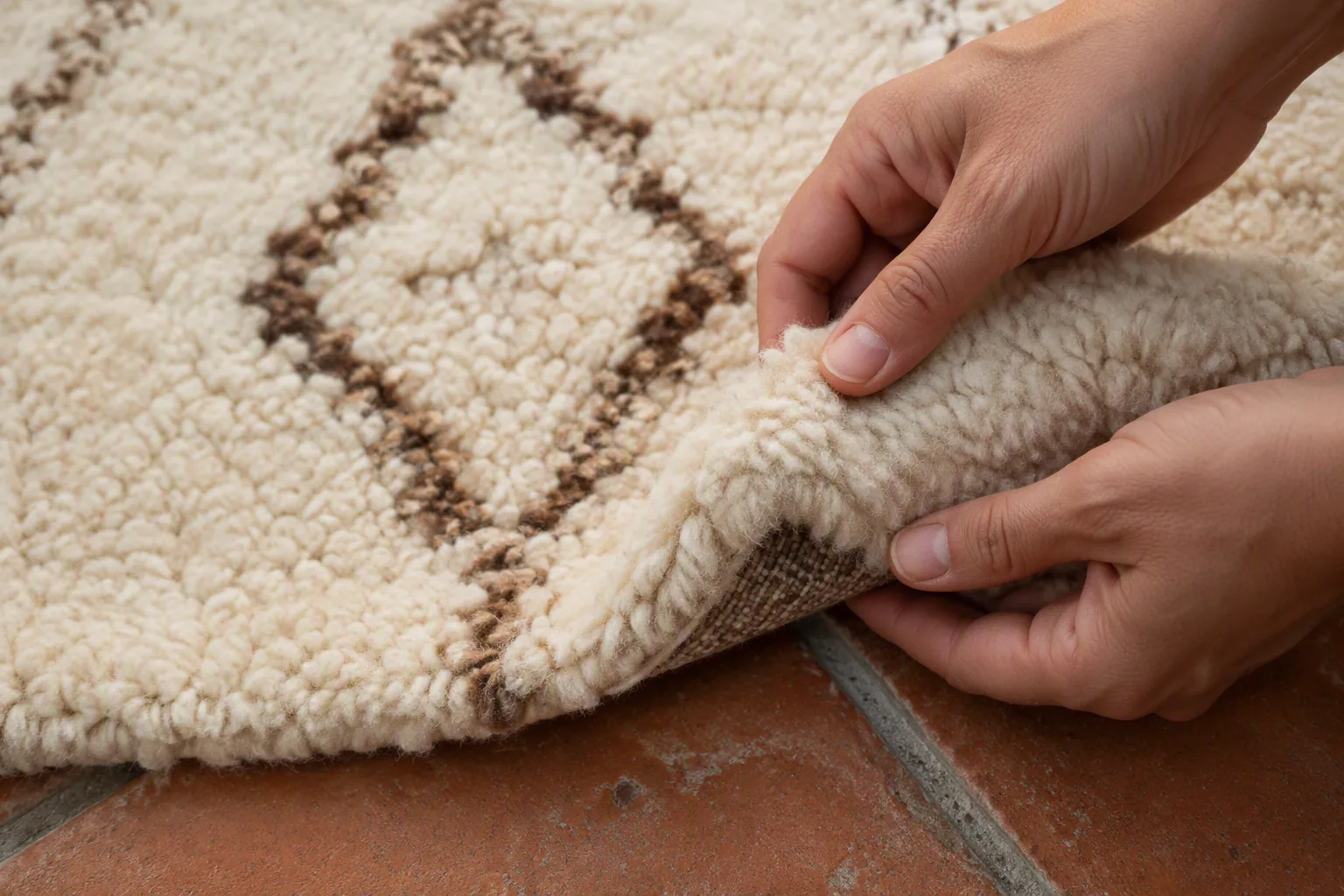 Hands folding back the corner of a cream wool Berber rug laid on a terracotta floor