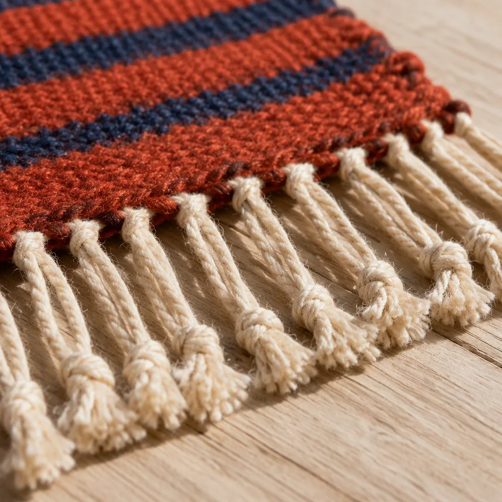 Close-up of the fringe of a hand-woven rug, warp threads knotted as a continuation of the weave